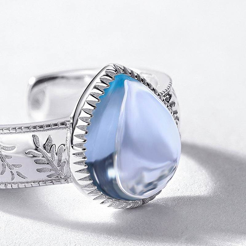 Water Drop Natural Sky Blue Topaz Ring S925 Pure Silver Band - MOWTE