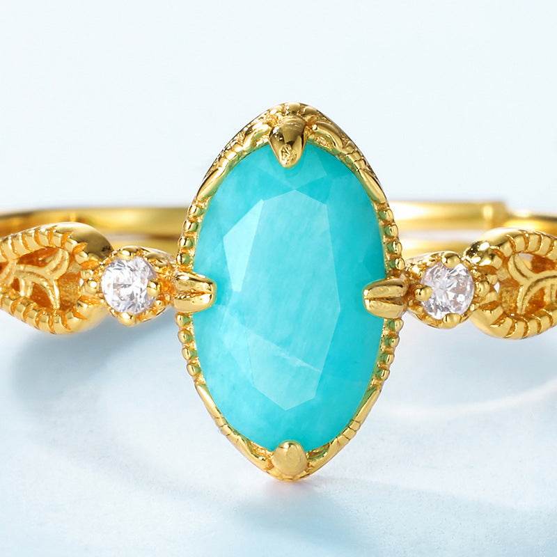 Minimalist Geometric Marquise Amazonite Ring for Women Vintage Engraved S925 Sterling Silver Band - MOWTE