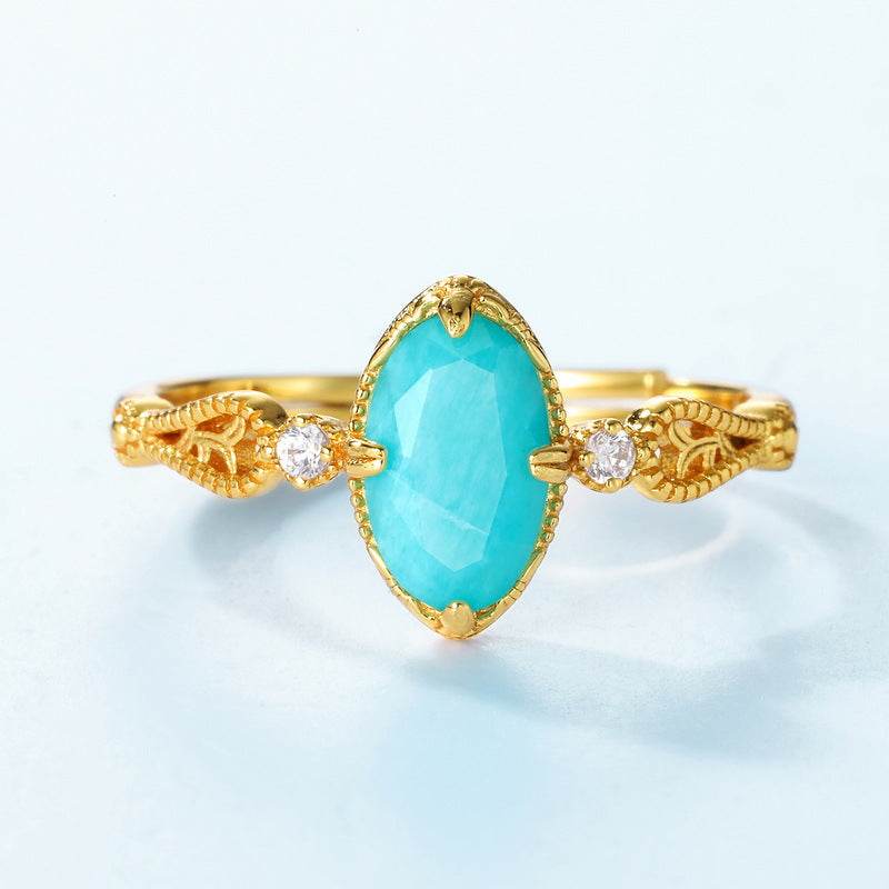 Minimalist Geometric Marquise Amazonite Ring for Women Vintage Engraved S925 Sterling Silver Band - MOWTE