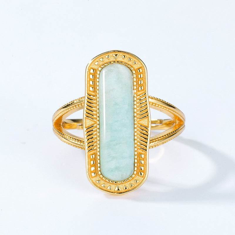 Geometric Amazonite Ring for Women Vintage Engraved S925 Sterling Silver Band - MOWTE