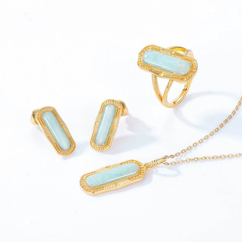 Geometric Amazonite Ring for Women Vintage Engraved S925 Sterling Silver Band - MOWTE