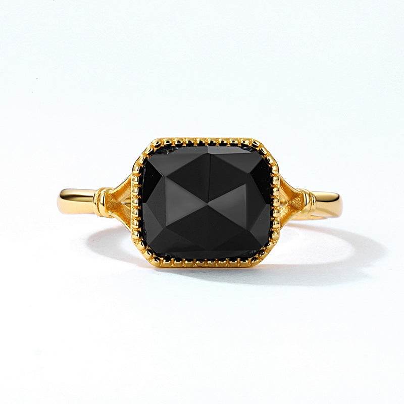 Luxury Natural Onyx Sterling Silver Ring for Women S925 Silver 9K Gold Plated Vintage Adjustable Open Band - MOWTE
