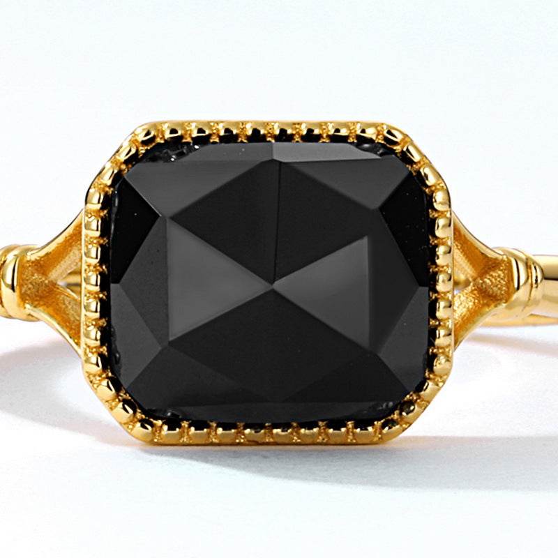 Luxury Natural Onyx Sterling Silver Ring for Women S925 Silver 9K Gold Plated Vintage Adjustable Open Band - MOWTE