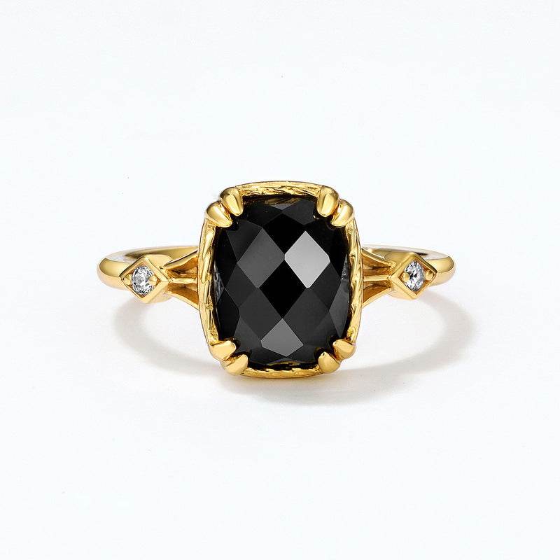 Luxury Natural Onyx Sterling Silver Ring for Women S925 Silver 14K Gold Plated Vintage Adjustable Open Band - MOWTE