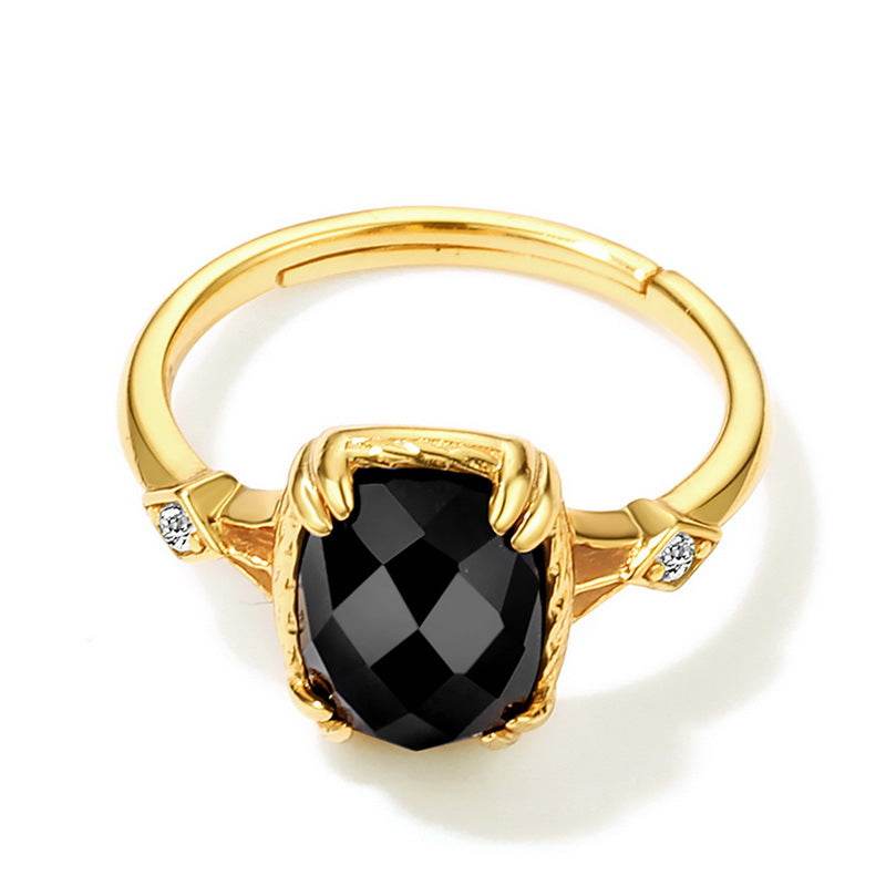 Luxury Natural Onyx Sterling Silver Ring for Women S925 Silver 14K Gold Plated Vintage Adjustable Open Band - MOWTE