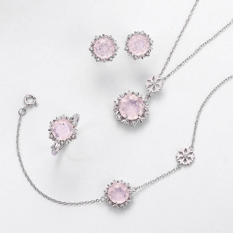 Minimalist Geometric Snowflake Ring – S925 Sterling Silver with Rose Quartz Ring for Women - MOWTE