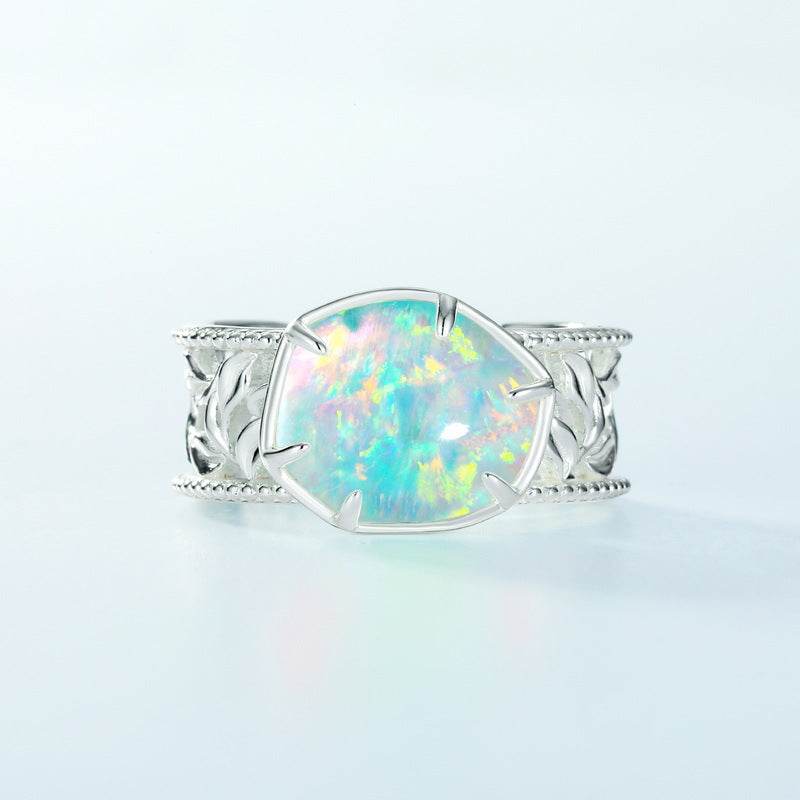 Minimalist Geometric Opal Ring – S925 Sterling Silver Adjustable Open Ring for Women - MOWTE