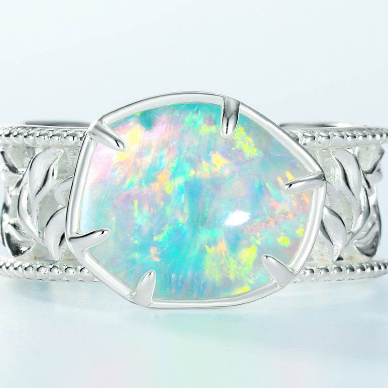 Minimalist Geometric Opal Ring – S925 Sterling Silver Adjustable Open Ring for Women - MOWTE