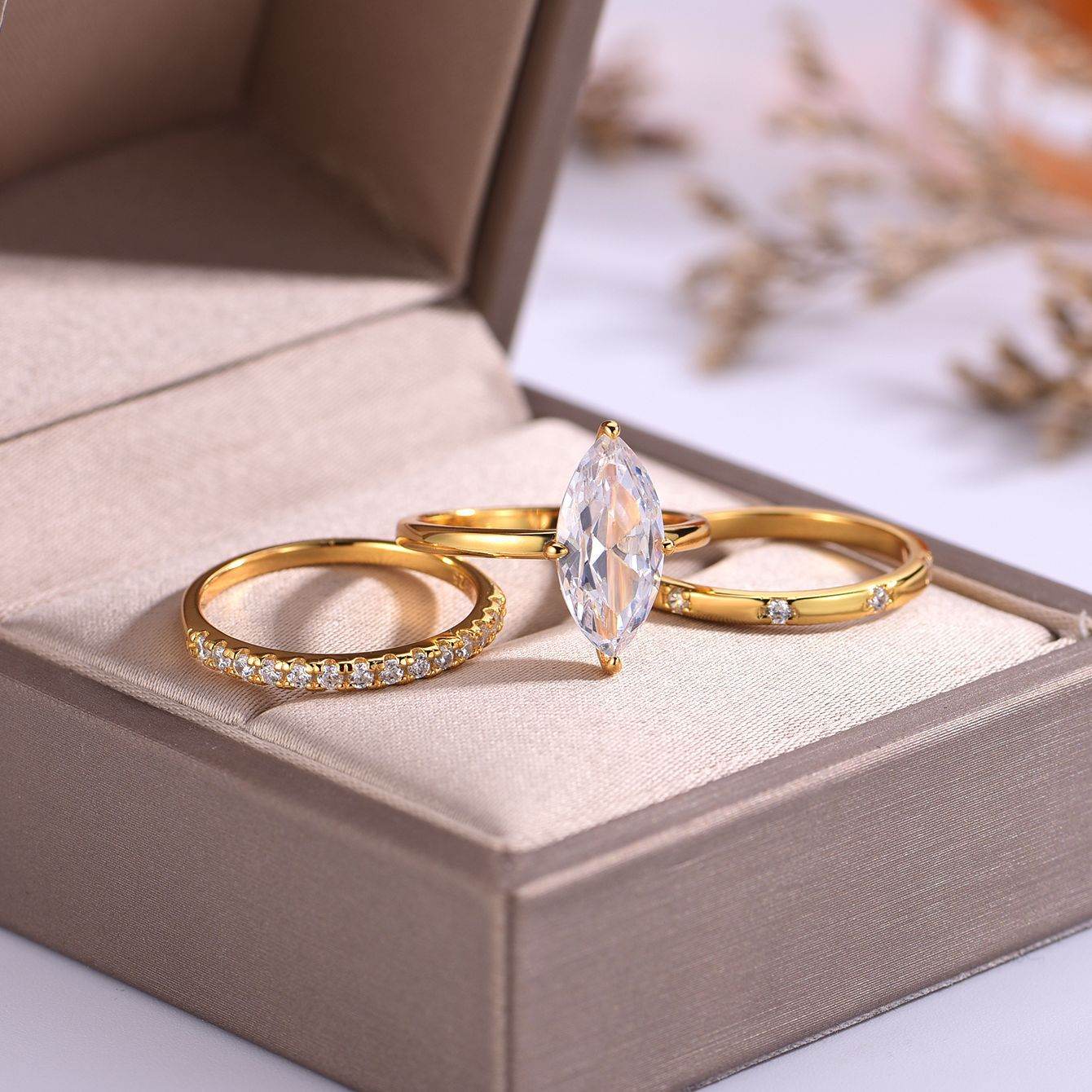 S925 Silver Three-Piece Set Moissanite Ring with 3ct Marquise Cut Center Stone Exquisite Stacking Wedding - MOWTE