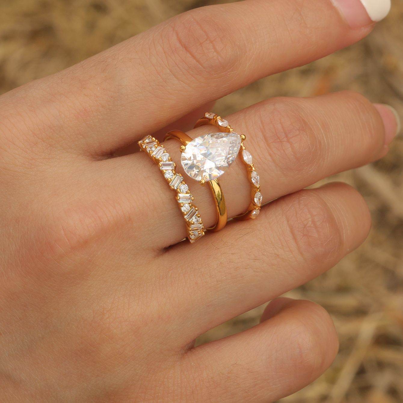 S925 Silver Three-Piece Set Moissanite Ring with 4ct Pearl Cut Center Stone Exquisite Stacking Wedding - MOWTE