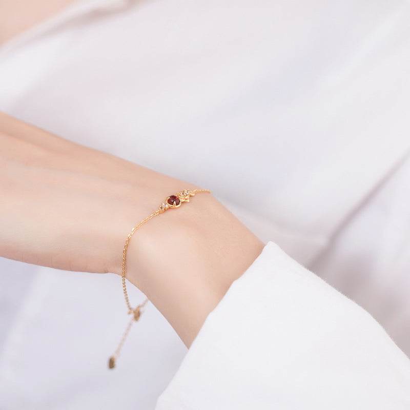 Light Luxury Natural Garnet 925 Silver Plated 9K Gold Floral Color Bracelet - MOWTE