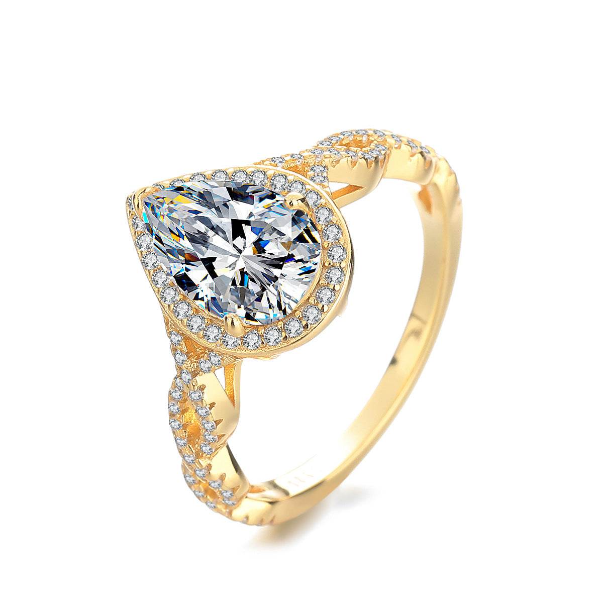 Teardrop-Cut Moissanite Micro-Paved Engagement Ring – Plated in 18K Real Gold - MOWTE