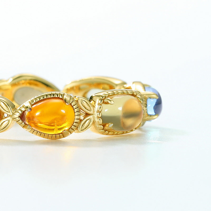 Exquisite and fashionable synthetic colored gemstone ring light luxury style S925 pure silver women's ring