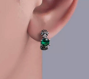 Men's 925 sterling silver earrings flower cross green crystal silver ornaments INS trendy silver earrings