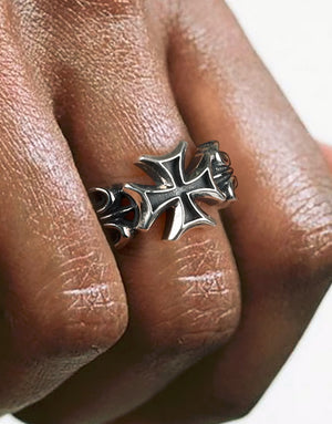 Sterling silver ring, retro cross medal personalized INS silver jewelry hip-hop street ring