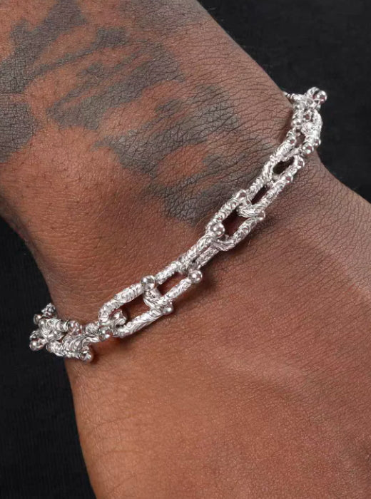 S925 sterling silver textured U-shaped bracelet men's hip-hop versatile plain chain bracelet adjustable