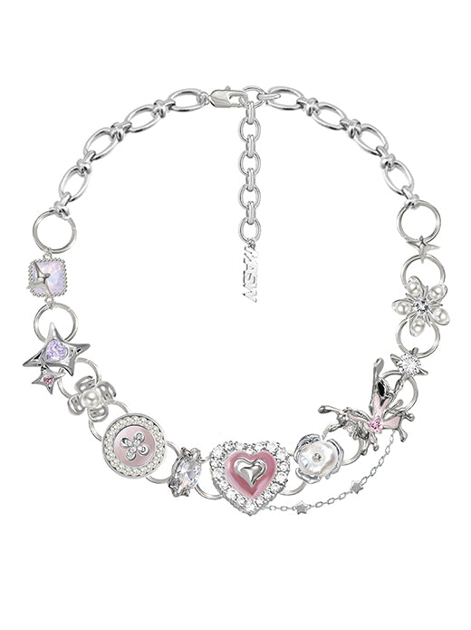 Retro pink heart-shaped sweet cool butterfly necklace