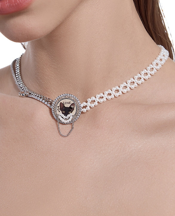 Original Design French Retro Diamond Inlaid Cat Necklace Splicing Chain Pearl Clavicle Chain