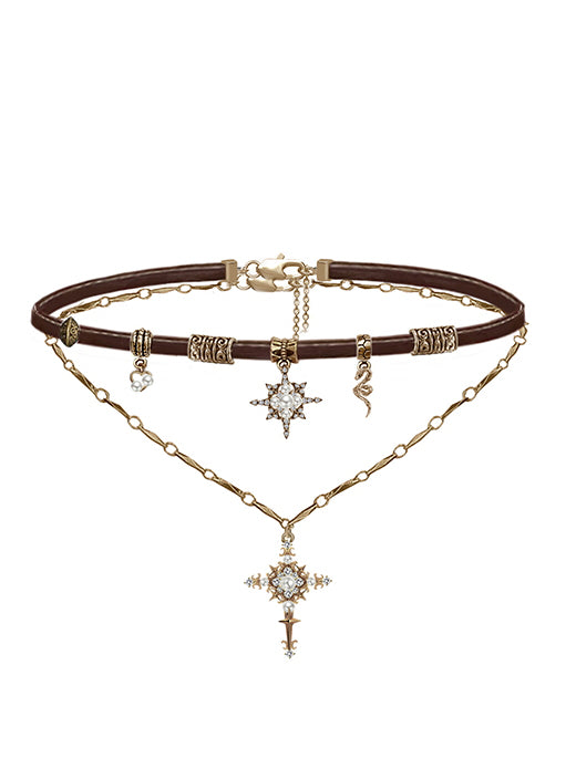 Sweet Cool Starry Cross Necklace Melard Leather Neck Chain Sweater Chain