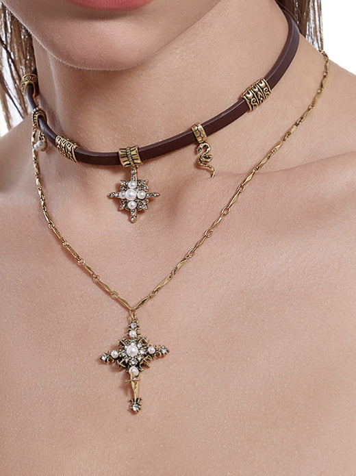 Sweet Cool Starry Cross Necklace Melard Leather Neck Chain Sweater Chain