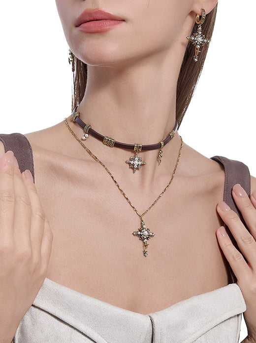 Sweet Cool Starry Cross Necklace Melard Leather Neck Chain Sweater Chain