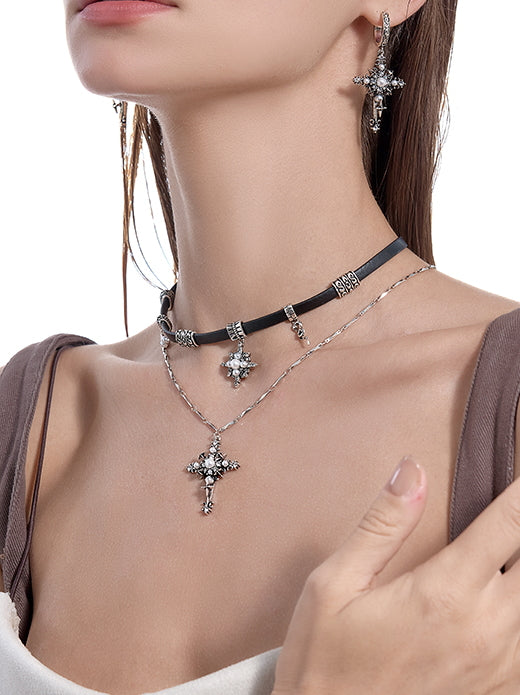 Sweet Cool Starry Cross Necklace Melard Leather Neck Chain Sweater Chain