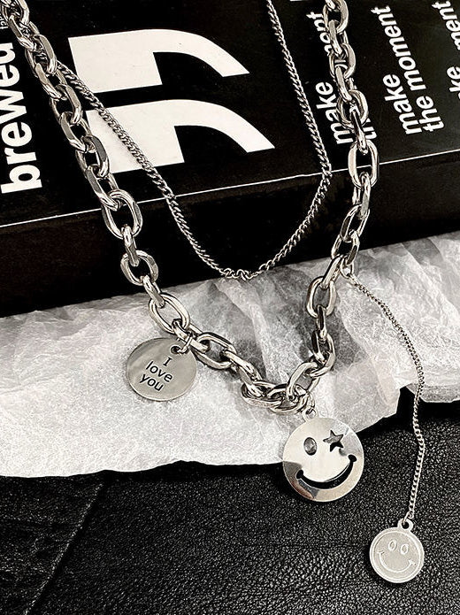 Neutral sterling silver necklace design double layered smiley face sweater chain