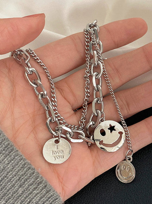 Neutral sterling silver necklace design double layered smiley face sweater chain