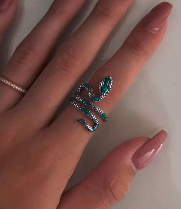 Green Snake Silver Ring