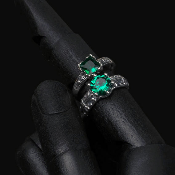 Pure silver green stone couple ring