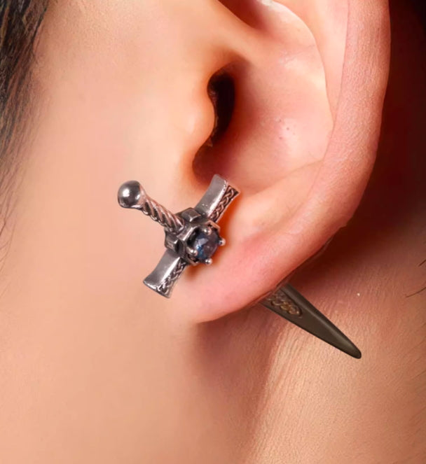 Sterling silver earrings for men and women exaggerated earrings INS sword double-sided studs