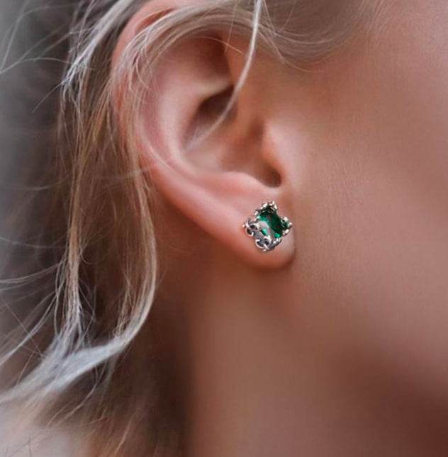 Retro 925 sterling silver earrings iris green crystal square jewelry for men and women - MOWTE