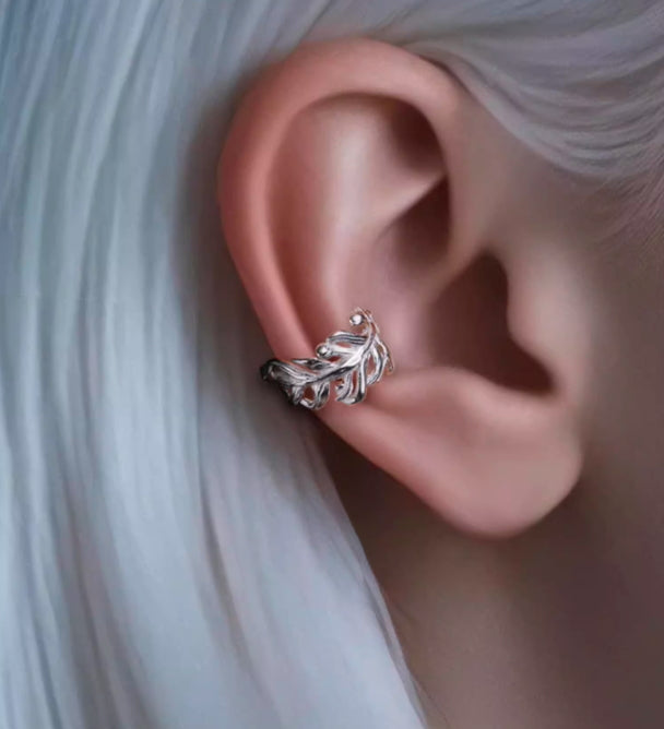 Pure silver ear clip temperament feather non-pierced ear bone clip for men and women couples silver jewelry