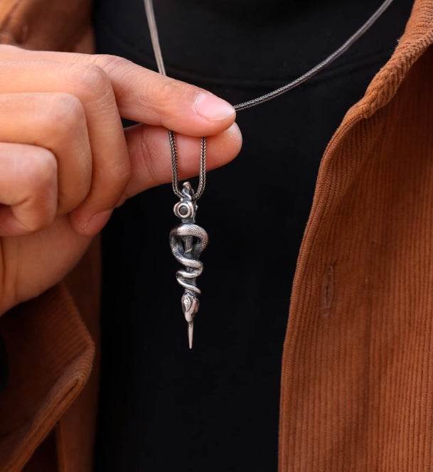 Snake staff necklace men's sterling silver pendant