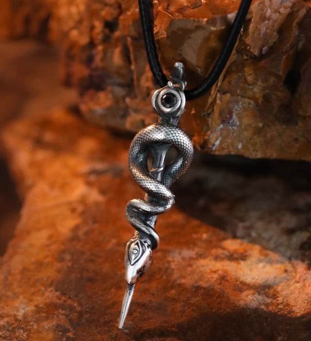 Snake staff necklace men's sterling silver pendant