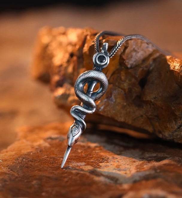 Snake staff necklace men's sterling silver pendant