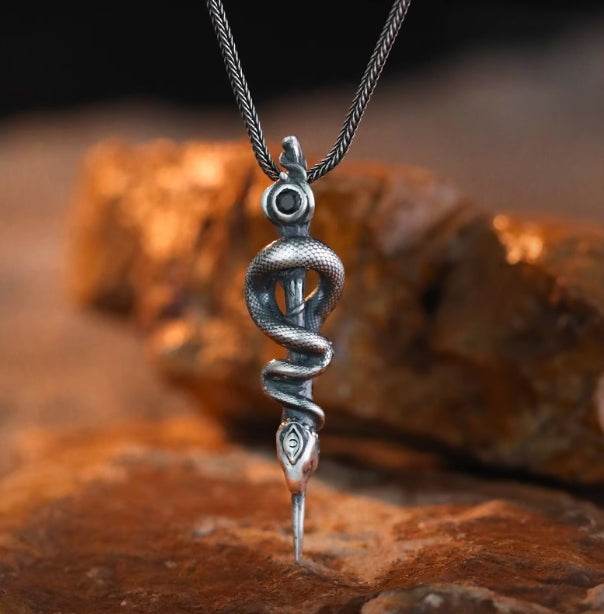 Snake staff necklace men's sterling silver pendant - MOWTE