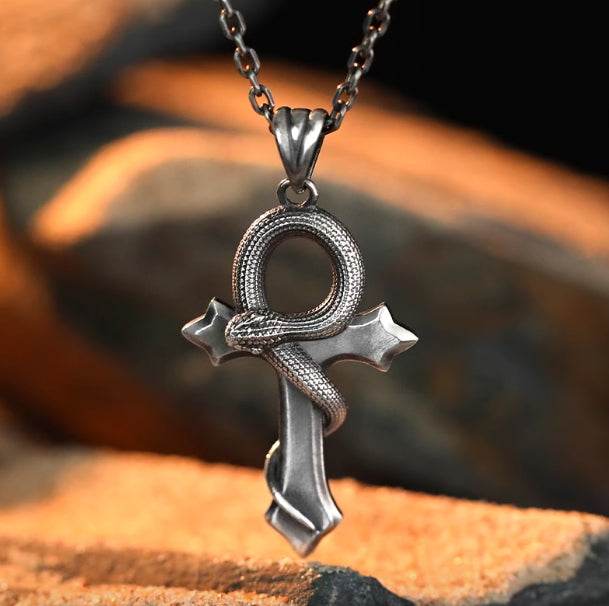 Men's sterling silver design snake cross pendant - MOWTE
