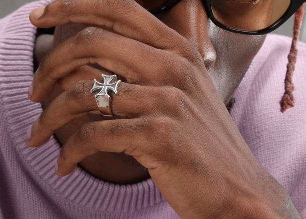 Cross ring S925 sterling silver vintage men and women hip hop opening ring - MOWTE