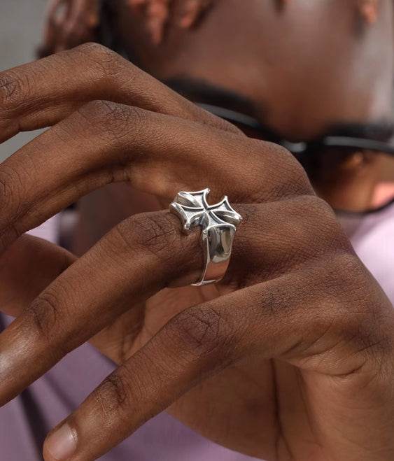 Cross ring S925 sterling silver vintage men and women hip hop opening ring - MOWTE