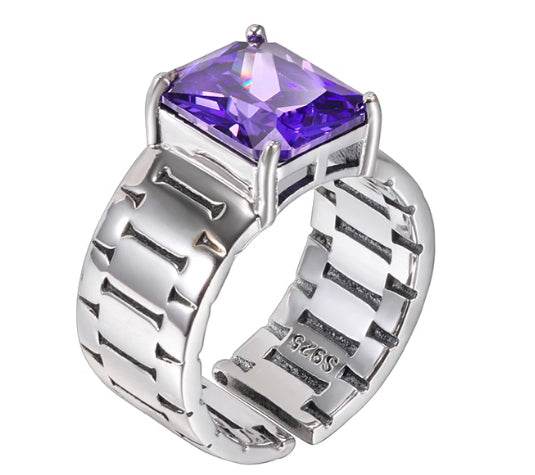 S925 sterling silver purple diamond ring men's hip-hop high-end female same style open adjustable index ring - MOWTE