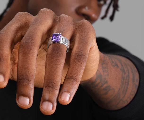 S925 sterling silver purple diamond ring men's hip-hop high-end female same style open adjustable index ring - MOWTE