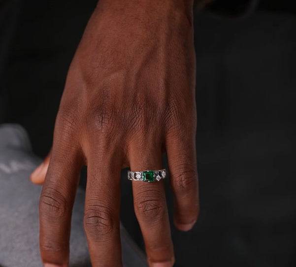 Trendy sterling silver Cuban chain greenstone ring men's hip-hop women's ring - MOWTE