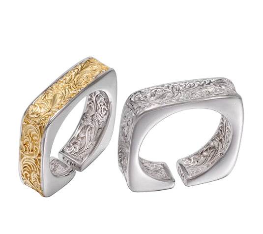 Tang grass pattern S925 sterling silver ring men's hip-hop retro design couple's same style square open ring - MOWTE