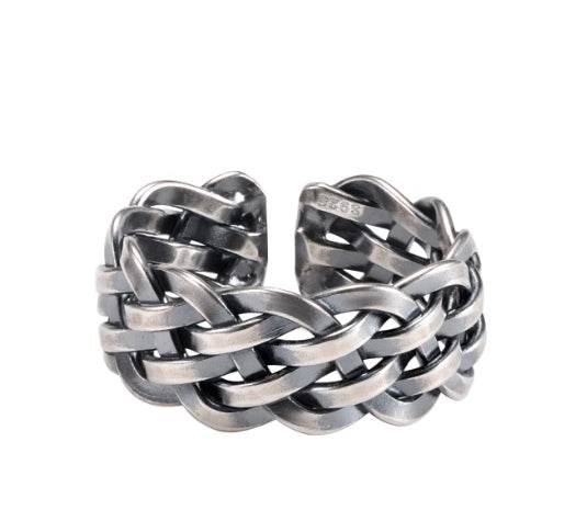 S925 sterling silver braided ring men's hip-hop retro personality open adjustable index finger ring women