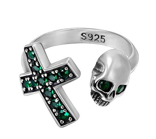 S925 sterling silver green diamond cross ring men's hip-hop personality skull ring women's opening adjustable - MOWTE