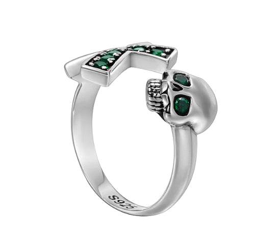 S925 sterling silver green diamond cross ring men's hip-hop personality skull ring women's opening adjustable - MOWTE