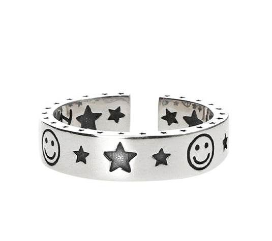 Sterling silver five-pointed star smiley ring hip-hop men and women cool trend opening adjustable - MOWTE