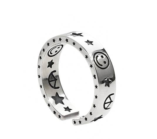 Sterling silver five-pointed star smiley ring hip-hop men and women cool trend opening adjustable - MOWTE
