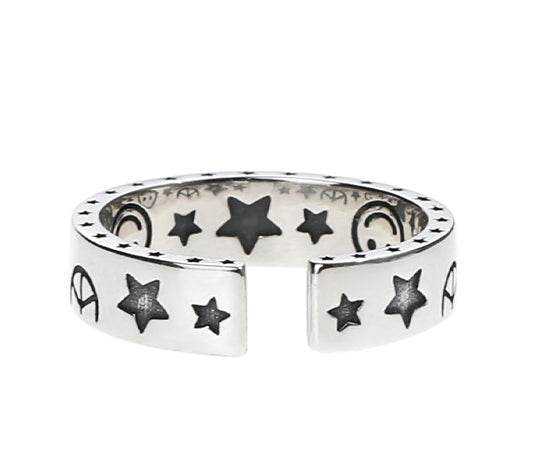 Sterling silver five-pointed star smiley ring hip-hop men and women cool trend opening adjustable - MOWTE